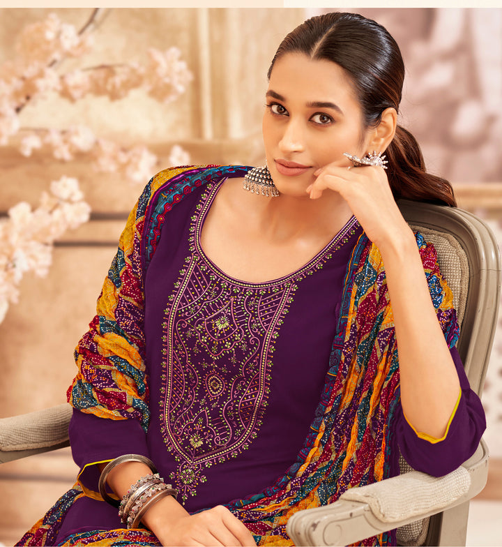 Ladyline Rayon Embroidered Salwar Kameez – Kurta, Palazzo Pants & Bandhani Printed Dupatta 3-Piece Set| Ethnic Indian Salwar Suit Set