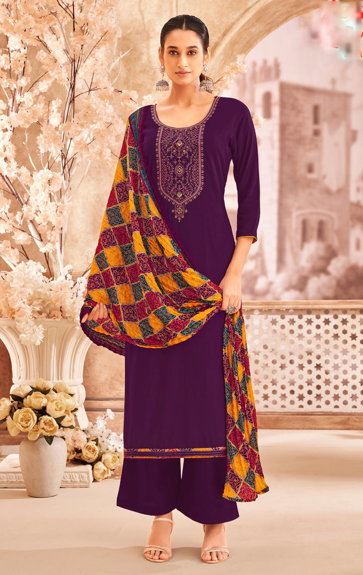 Ladyline Rayon Embroidered Salwar Kameez – Kurta, Palazzo Pants & Bandhani Printed Dupatta 3-Piece Set| Ethnic Indian Salwar Suit Set