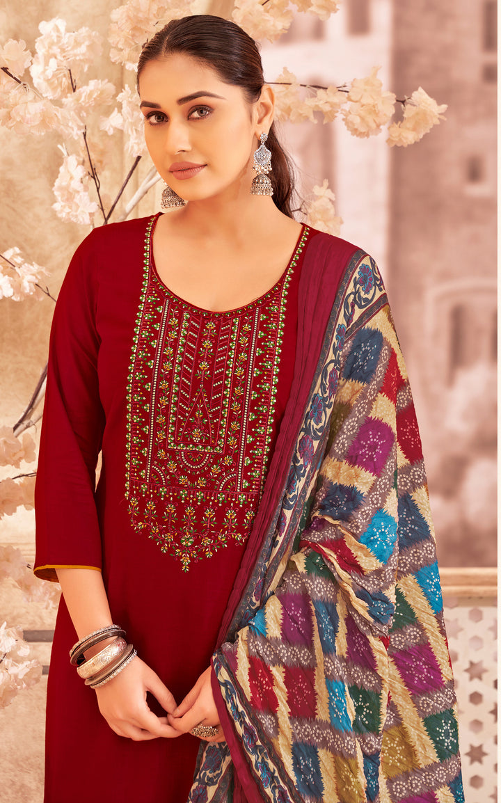 Ladyline Rayon Embroidered Salwar Kameez – Kurta, Palazzo Pants & Bandhani Printed Dupatta 3-Piece Set| Ethnic Indian Salwar Suit Set