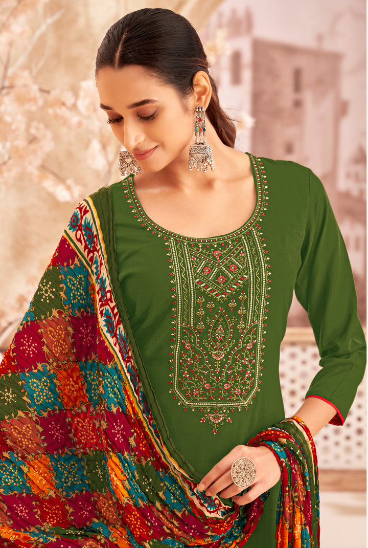 Ladyline Rayon Embroidered Salwar Kameez – Kurta, Palazzo Pants & Bandhani Printed Dupatta 3-Piece Set| Ethnic Indian Salwar Suit Set