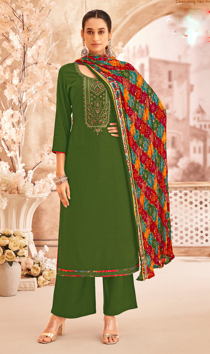 Ladyline Rayon Embroidered Salwar Kameez – Kurta, Palazzo Pants & Bandhani Printed Dupatta 3-Piece Set| Ethnic Indian Salwar Suit Set