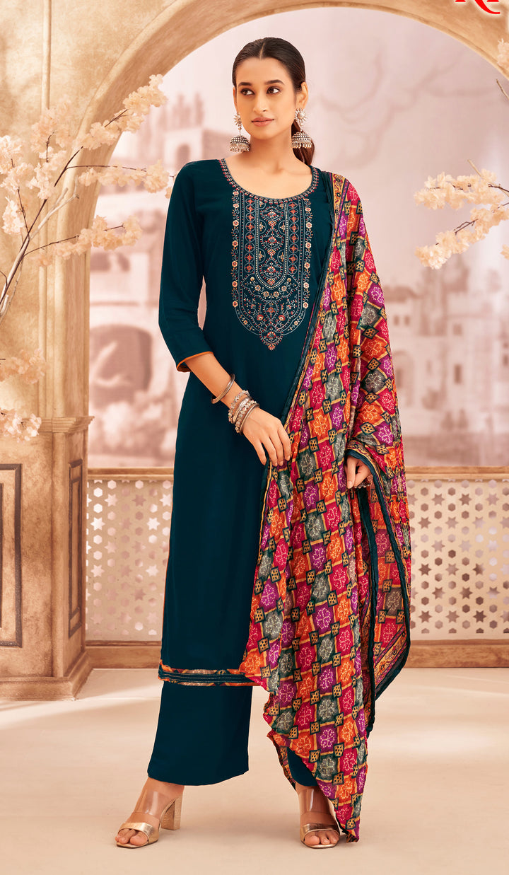 Ladyline Rayon Embroidered Salwar Kameez – Kurta, Palazzo Pants & Bandhani Printed Dupatta 3-Piece Set| Ethnic Indian Salwar Suit Set