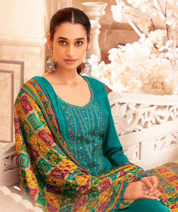 Ladyline Rayon Embroidered Salwar Kameez – Kurta, Palazzo Pants & Bandhani Printed Dupatta 3-Piece Set| Ethnic Indian Salwar Suit Set