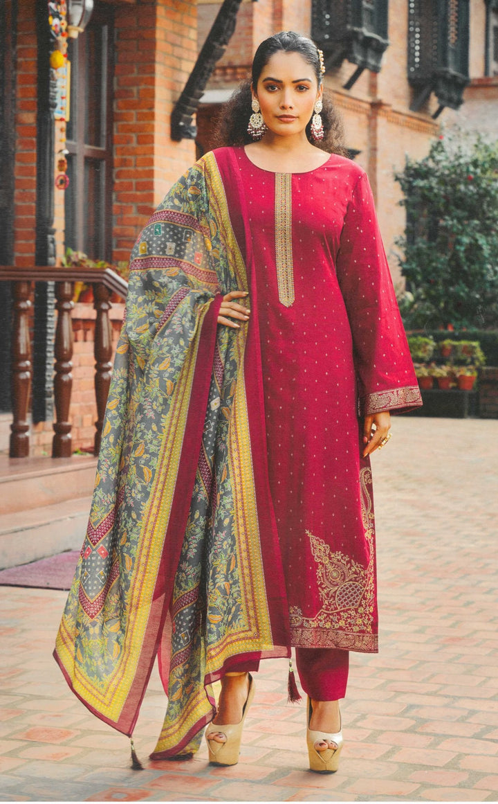 Ladyline Formal Wear Salwar Kameez | Cotton Sateen Embroidered | Silk Printed Dupatta