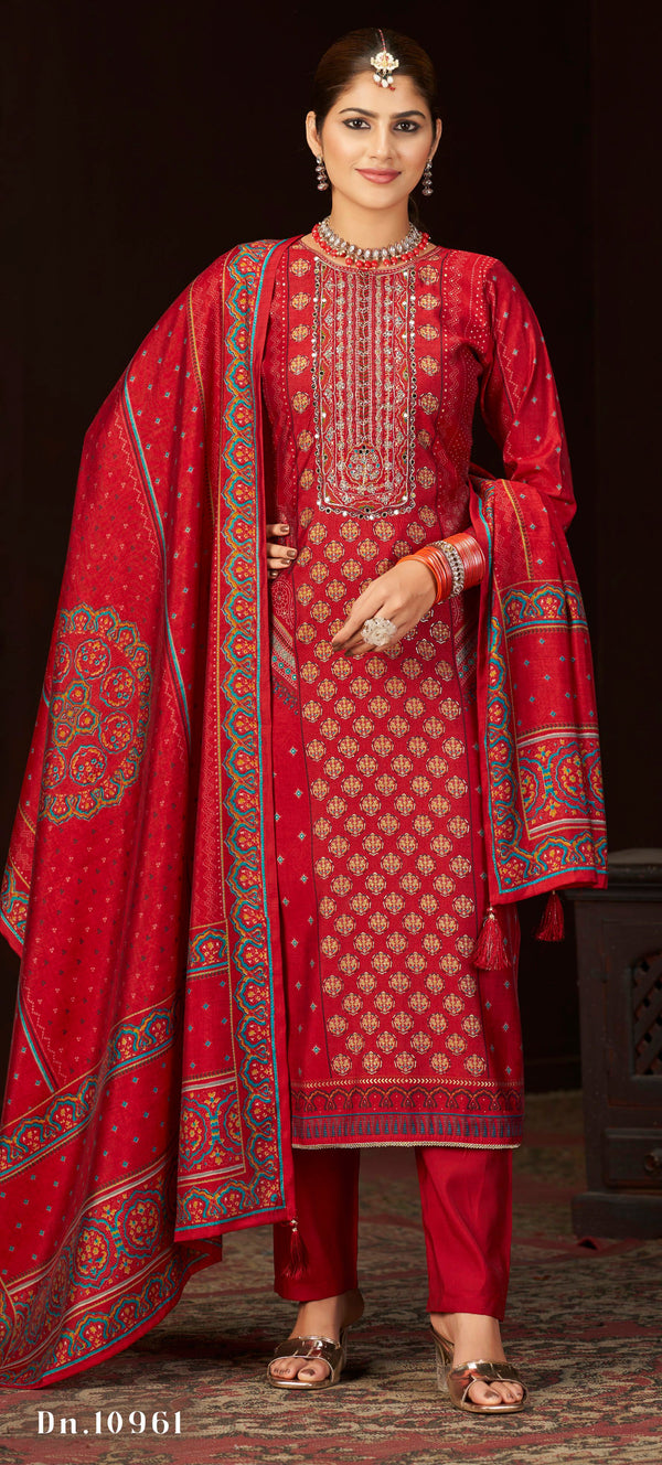 Roman Silk Salwar Kameez Set with Ethnic + Foil Print & Embroidered