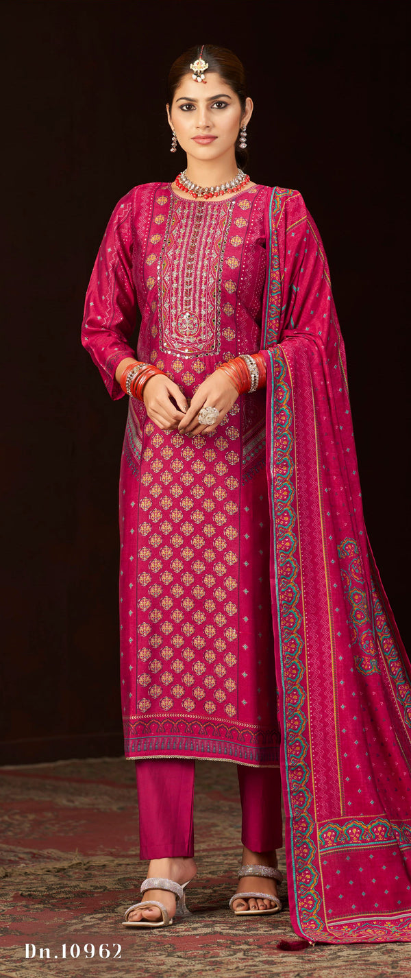Roman Silk Salwar Kameez Set with Ethnic + Foil Print & Embroidered
