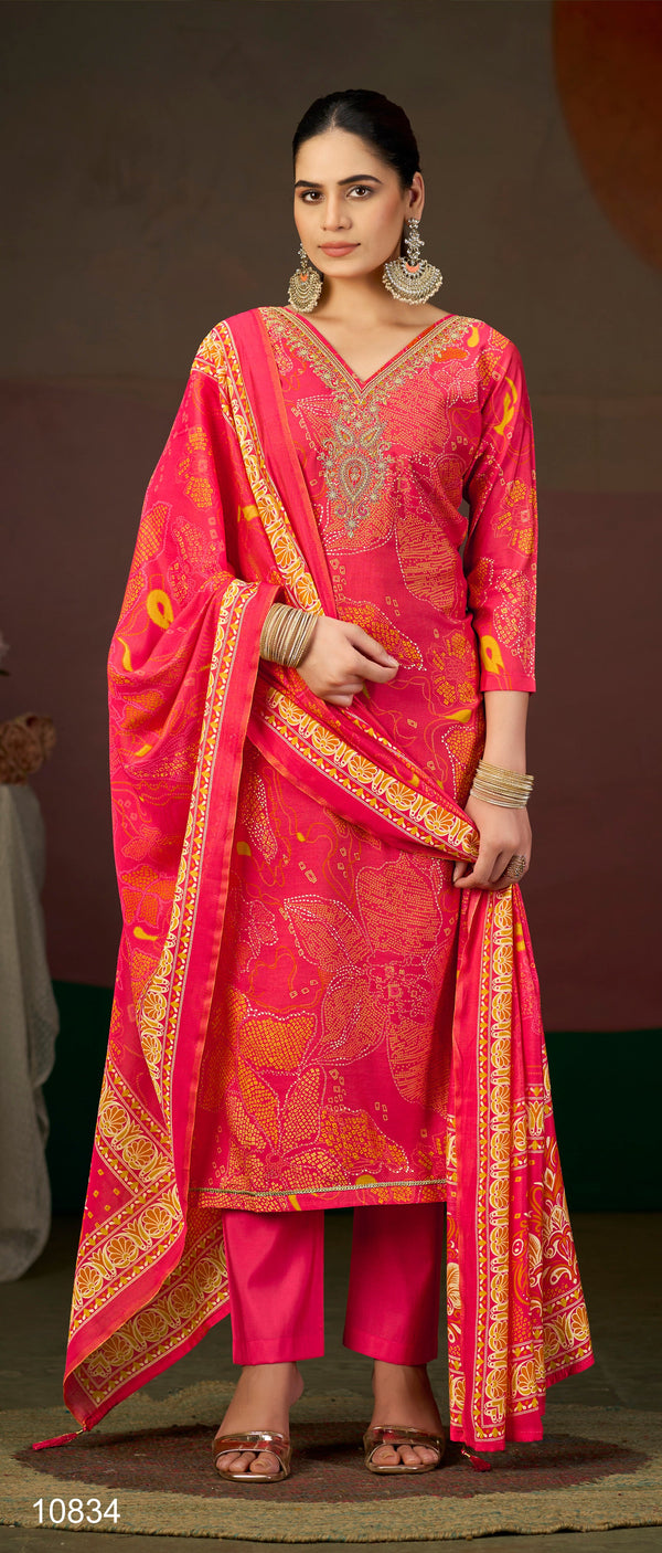 Roman Silk Salwar Kameez Set with Foil Print & Embroidered V-Neck