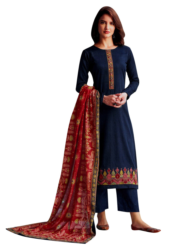 Ladyline Cotton Embroidered Salwar Kameez with Lawn Printed Dupatta Palazzo Pants