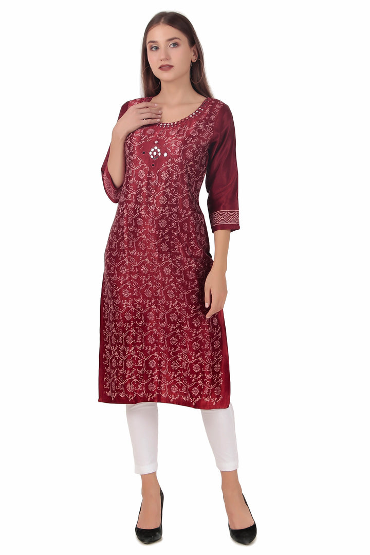 Ladyline Women's Formal Gaji Silk Tunic Kurti - Hand Block Printed and Mirror Work Indian Kurta