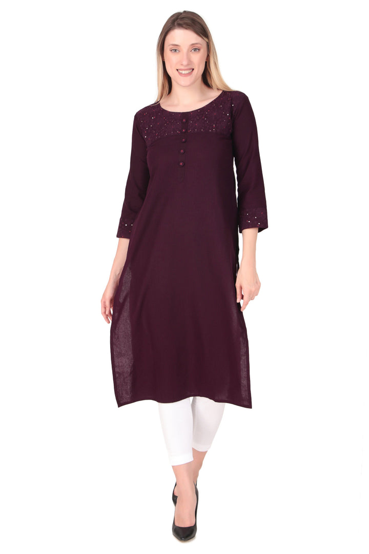 Ladyline Womens Rayon-Cotton Embroidered Kurti Tunic Plain Round Neck Buttons Indian Kurta