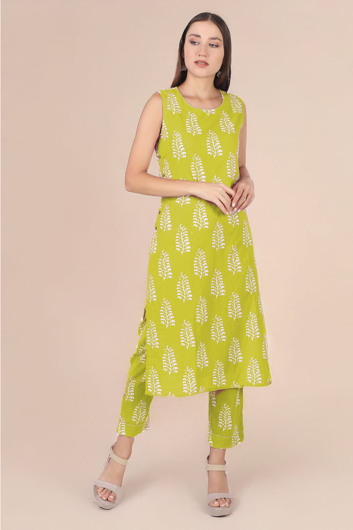 Ladyline 2-Piece Cotton Co-Ord Set - Printed Sleeveless Kurta with Decorative Side Buttons and Pants