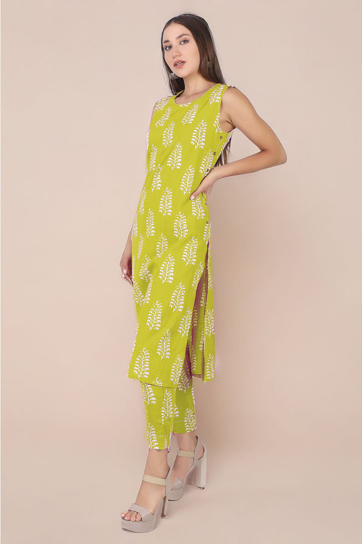 Ladyline 2-Piece Cotton Co-Ord Set - Printed Sleeveless Kurta with Decorative Side Buttons and Pants