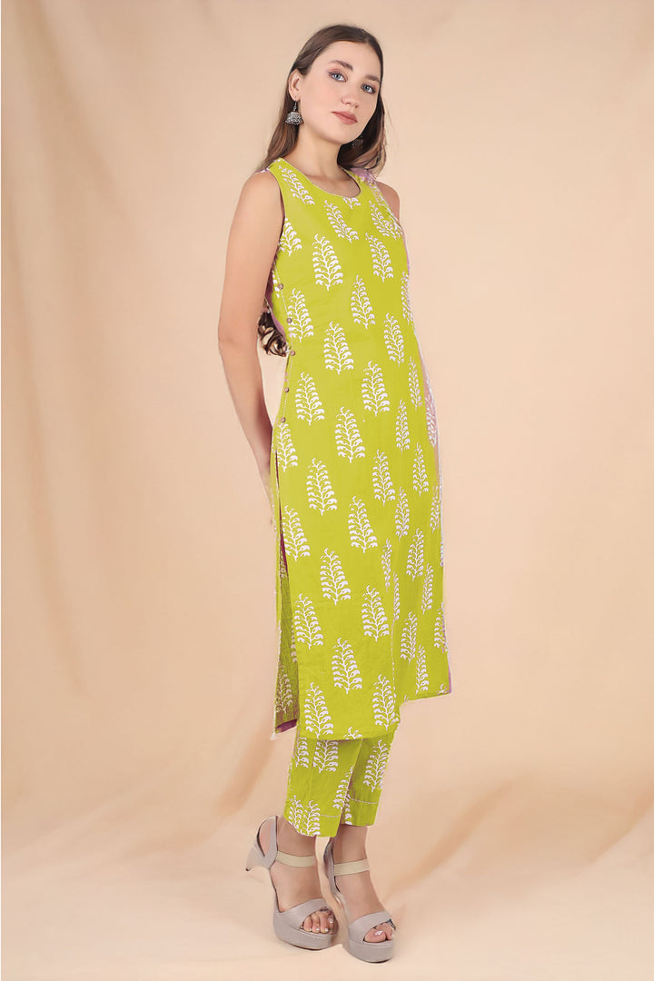 Ladyline 2-Piece Cotton Co-Ord Set - Printed Sleeveless Kurta with Decorative Side Buttons and Pants