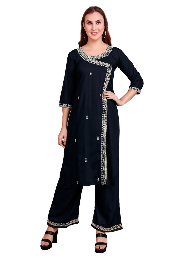 Ladyline Women's Rayon Slub Angrakha Kurta with Pants Set | Embroidery & Sequins | 2-Piece Ethnic Set