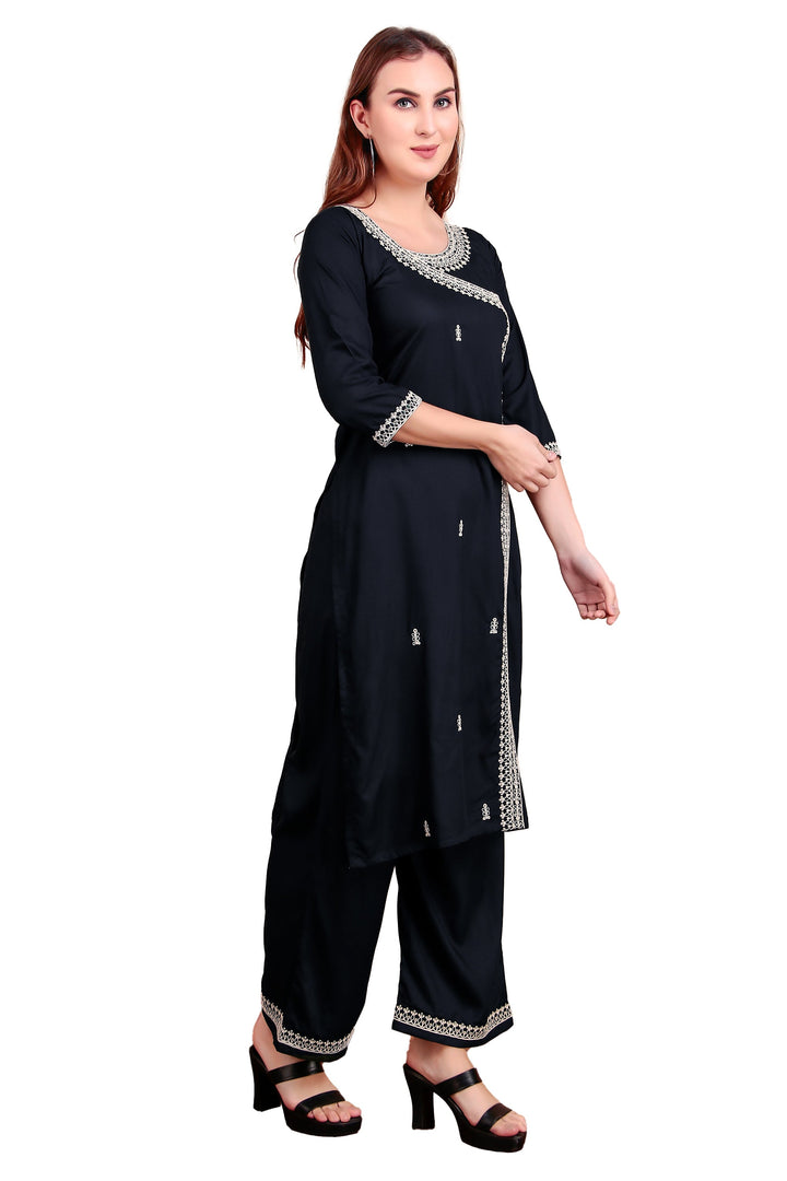 Ladyline Women's Rayon Slub Angrakha Kurta with Pants Set | Embroidery & Sequins | 2-Piece Ethnic Set