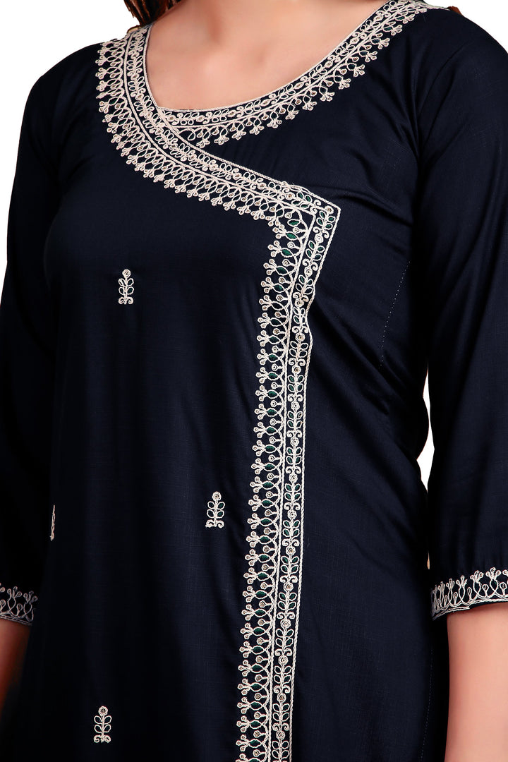 Ladyline Women's Rayon Slub Angrakha Kurta with Pants Set | Embroidery & Sequins | 2-Piece Ethnic Set