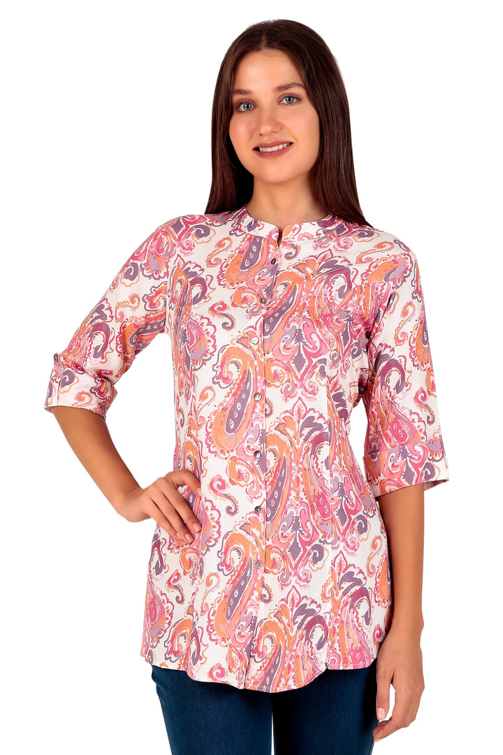 Ladyline Casual Rayon Printed Tunic Top Blouse for Womens Stand Collar Full Button Down Roll-Up SleevesShort Kurti Ethnic Print