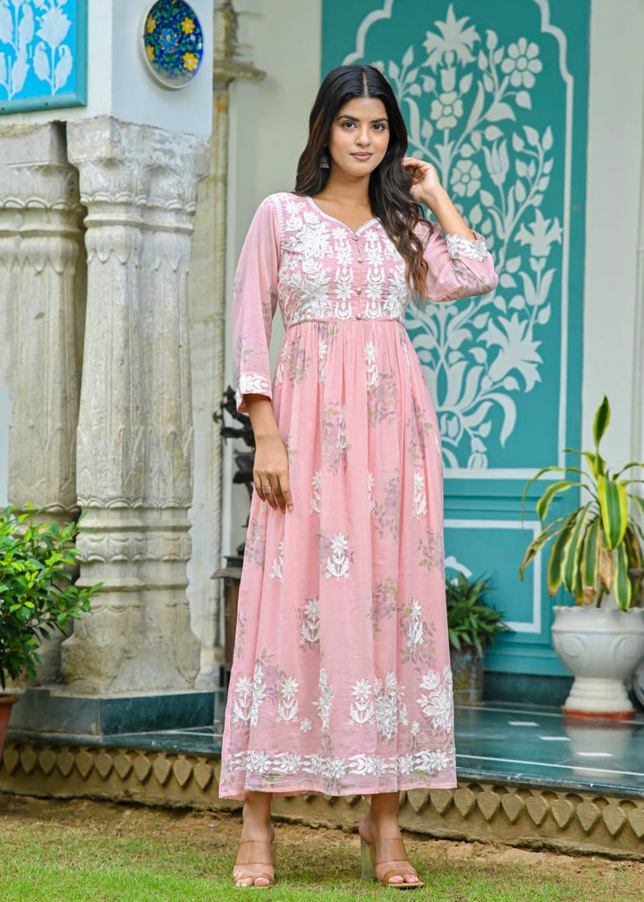 Ladyline Womens Cotton Lawn Floral Anarkali Kurta Gown, Lucknowi Embroidered, Long Floor-Length Kurti