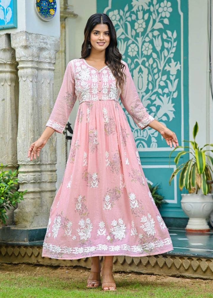 Ladyline Womens Cotton Lawn Floral Anarkali Kurta Gown, Lucknowi Embroidered, Long Floor-Length Kurti