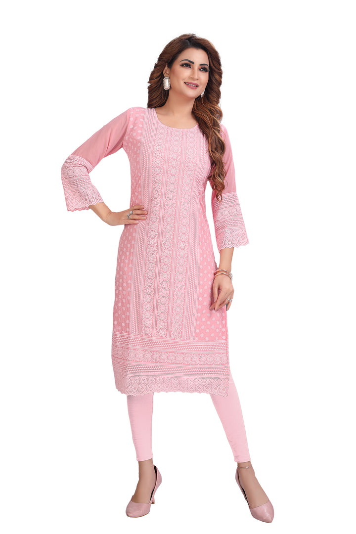 Ladyline Women’s Chiffon Georgette Long Tunic Top – Chikankari Embroidered - Knee Length Kurti Kurta – Ethnic Formal Wear GEK