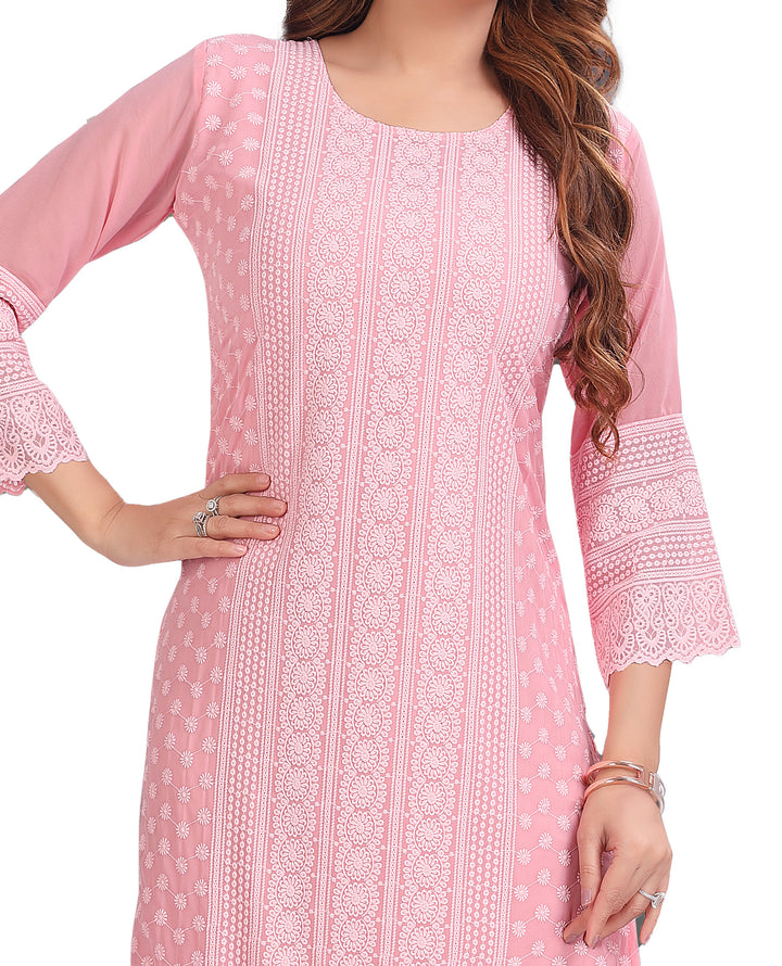 Ladyline Women’s Chiffon Georgette Long Tunic Top – Chikankari Embroidered - Knee Length Kurti Kurta – Ethnic Formal Wear GEK