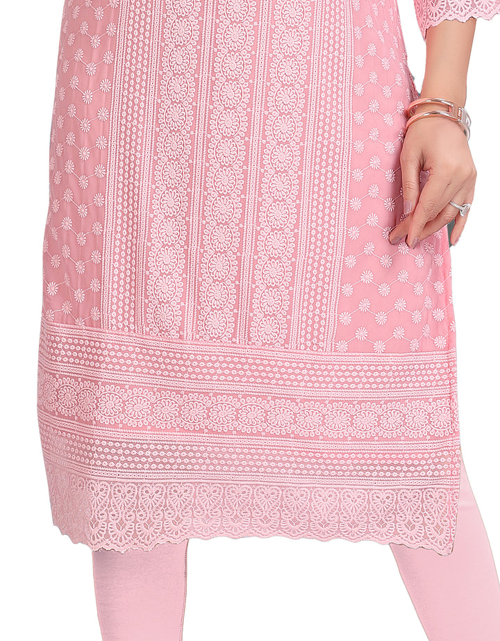 Ladyline Women’s Chiffon Georgette Long Tunic Top – Chikankari Embroidered - Knee Length Kurti Kurta – Ethnic Formal Wear GEK