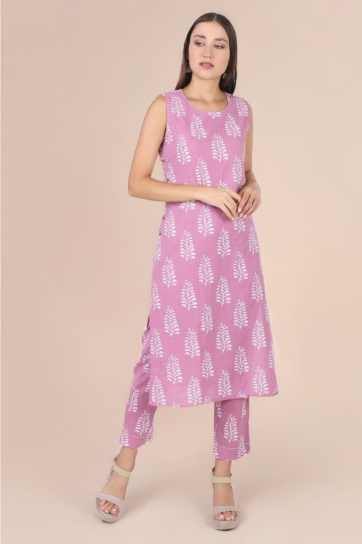 Ladyline 2-Piece Cotton Co-Ord Set - Printed Sleeveless Kurta with Decorative Side Buttons and Pants