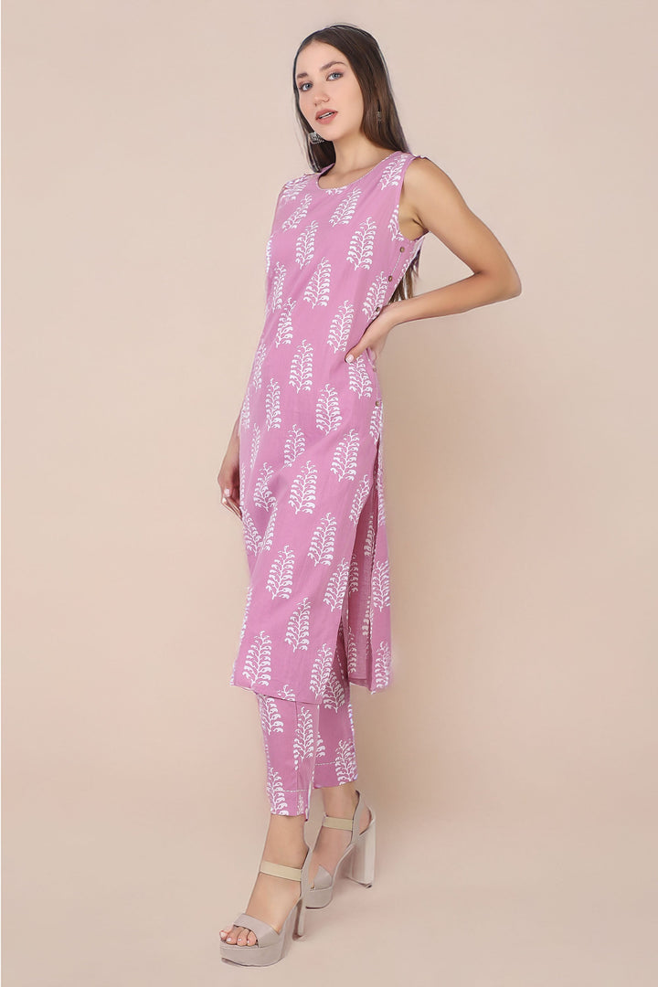 Ladyline 2-Piece Cotton Co-Ord Set - Printed Sleeveless Kurta with Decorative Side Buttons and Pants