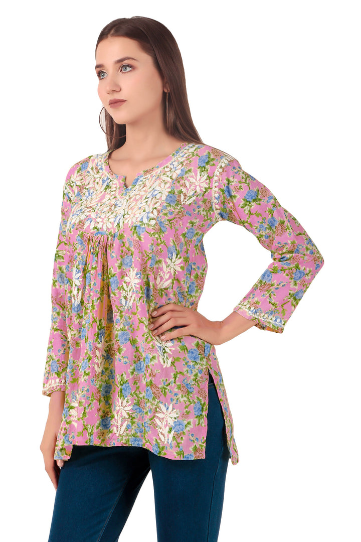 Ladyline Women's Lucknowi Hand Embroidered Tunic Top - Soft Lawn Cotton Kurti / Kurta