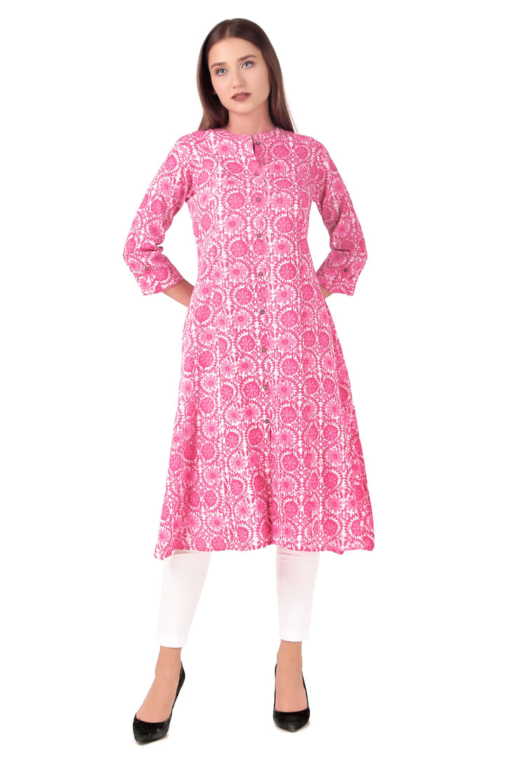 Ladyline Women's Cotton Printed Tunic Top Front Slit Roll-Up Sleeves Buttons Down Pocket Long Kurti Kurta