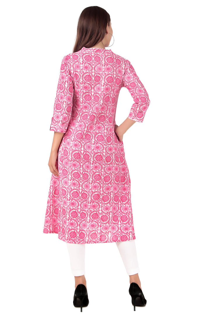 Ladyline Women's Cotton Printed Tunic Top Front Slit Roll-Up Sleeves Buttons Down Pocket Long Kurti Kurta