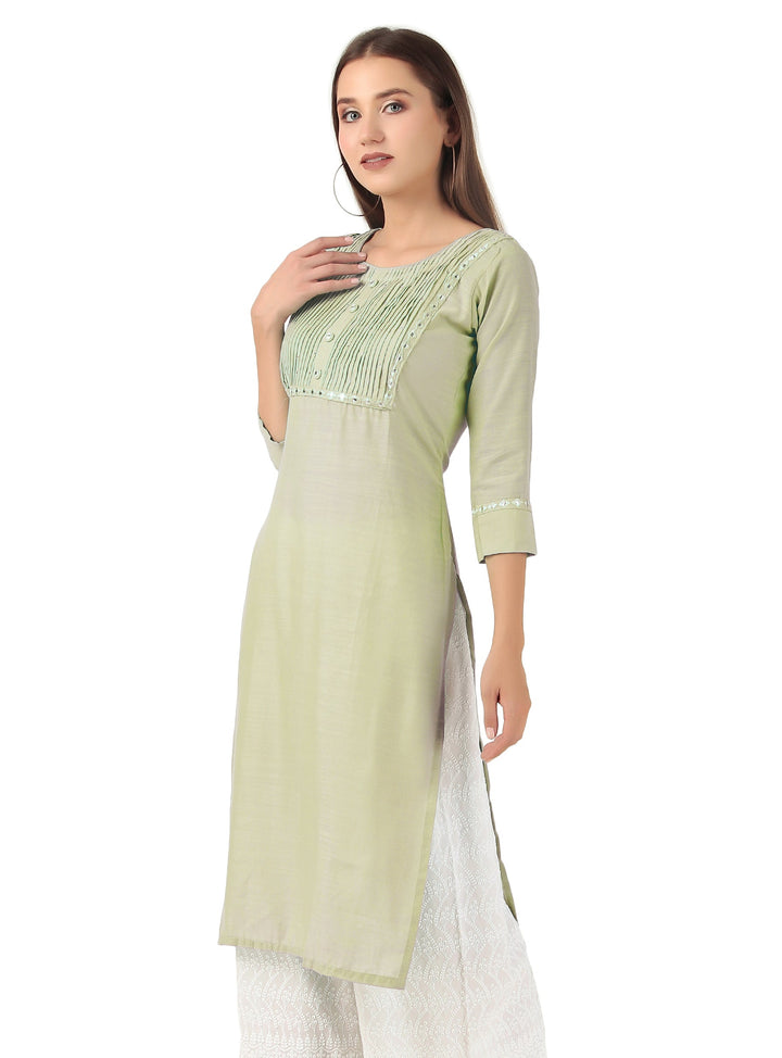 Ladyline Rayon Knee Length Tunic Top Embroidered Mirror Work Round Neck Show Buttons Kurti