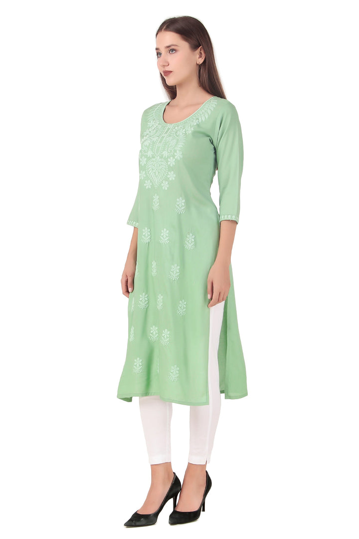 Ladyline Women's Rayon Tunic Top - Self Chikan Embroidered Plain Round Neck Kurti Kurta