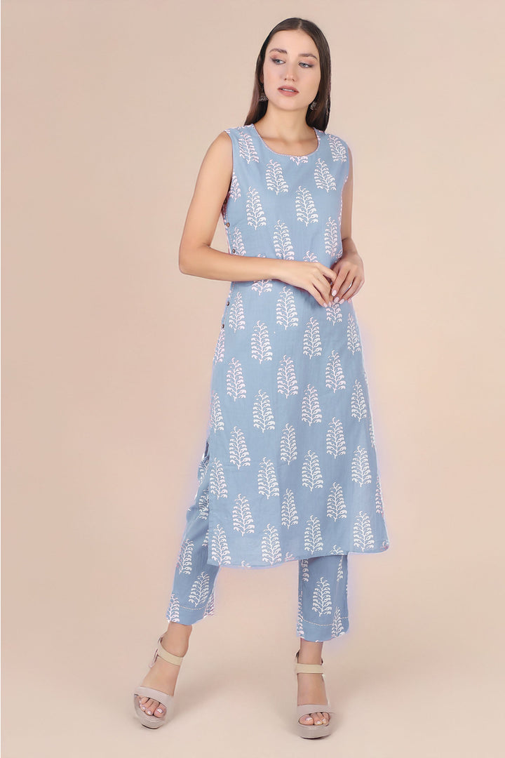 Ladyline 2-Piece Cotton Co-Ord Set - Printed Sleeveless Kurta with Decorative Side Buttons and Pants