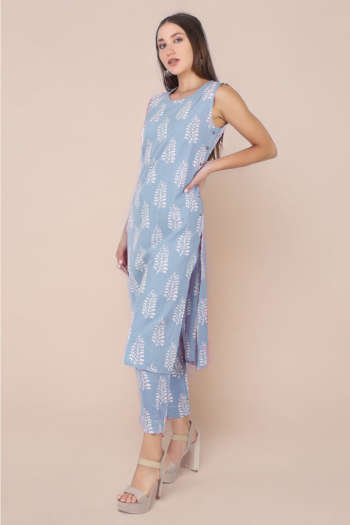 Ladyline 2-Piece Cotton Co-Ord Set - Printed Sleeveless Kurta with Decorative Side Buttons and Pants