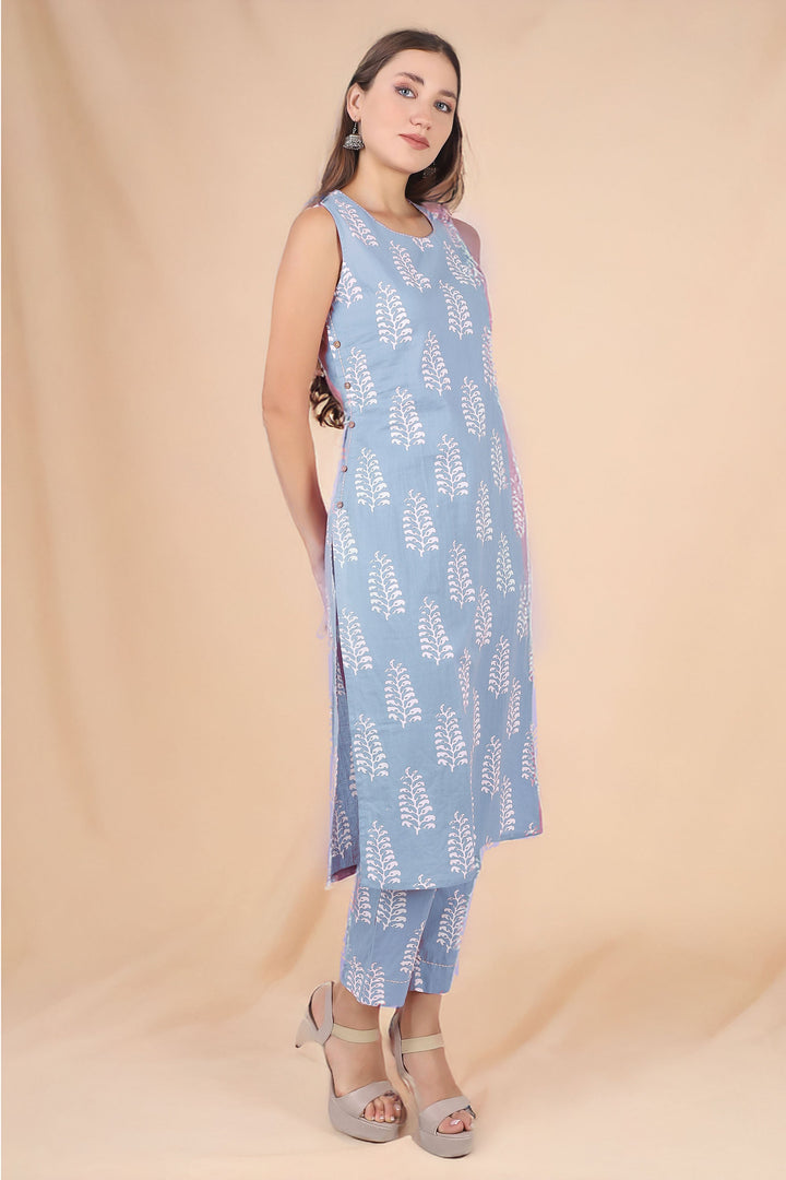 Ladyline 2-Piece Cotton Co-Ord Set - Printed Sleeveless Kurta with Decorative Side Buttons and Pants