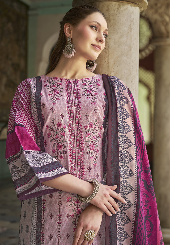 Ladyline 3-Piece Cotton Salwar Kameez Set for Women - Embroidered Kurta, Pants & Printed Dupatta set for Casual Daily Evening wear - Indian Pakistani Suit