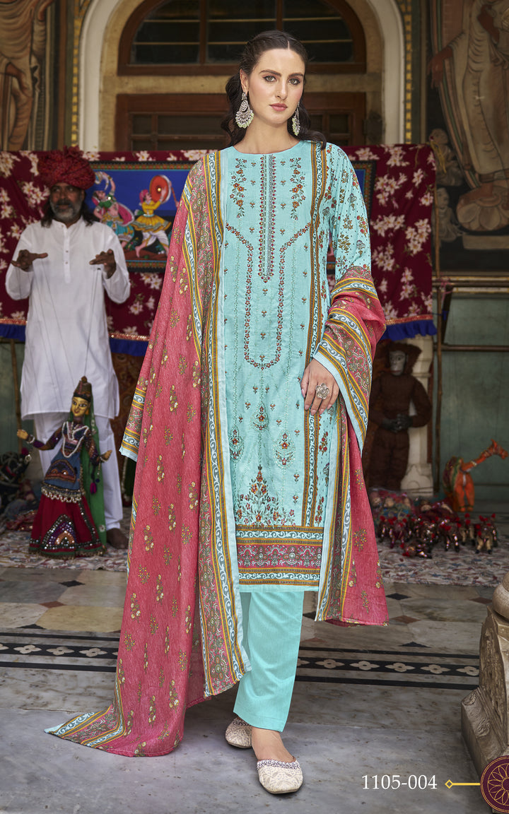Ladyline 3-Piece Cotton Salwar Kameez Set for Women - Embroidered Kurta, Pants & Printed Dupatta set for Casual Daily Evening wear - Indian Pakistani Suit