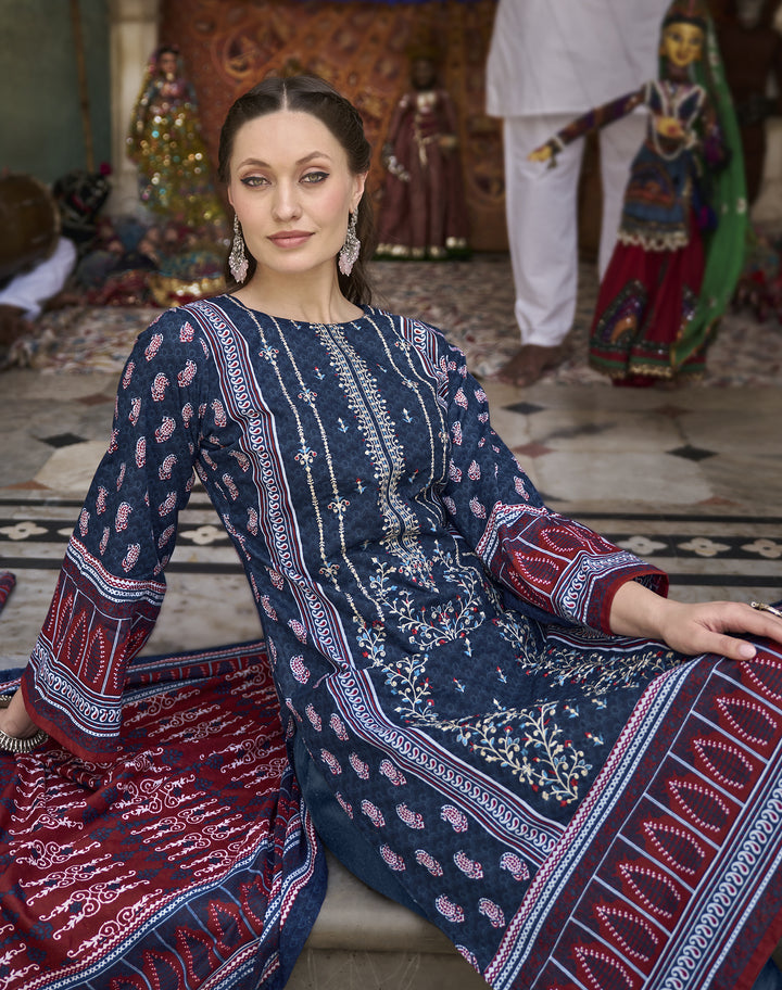 Ladyline 3-Piece Cotton Salwar Kameez Set for Women - Embroidered Kurta, Pants & Printed Dupatta set for Casual Daily Evening wear - Indian Pakistani Suit