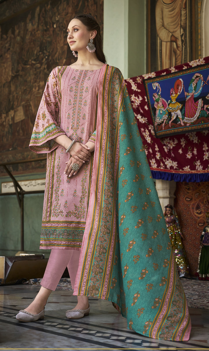 Ladyline 3-Piece Cotton Salwar Kameez Set for Women - Embroidered Kurta, Pants & Printed Dupatta set for Casual Daily Evening wear - Indian Pakistani Suit