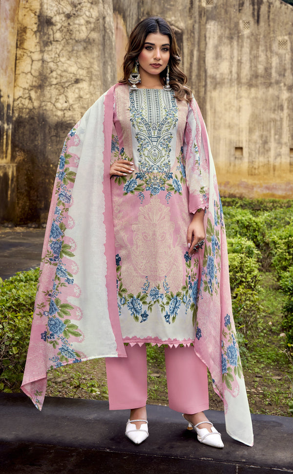 Ladyline 3-Piece Cotton Salwar Kameez Set for Women - Embroidered Kurta, Pants & Printed Dupatta set for Casual Daily Evening wear - Indian Pakistani Suit