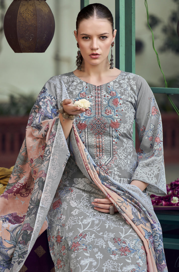 Ladyline 3-Piece Cotton Salwar Kameez Set for Women - Embroidered Kurta, Pants & Printed Dupatta set for Casual Daily Evening wear - Indian Pakistani Suit