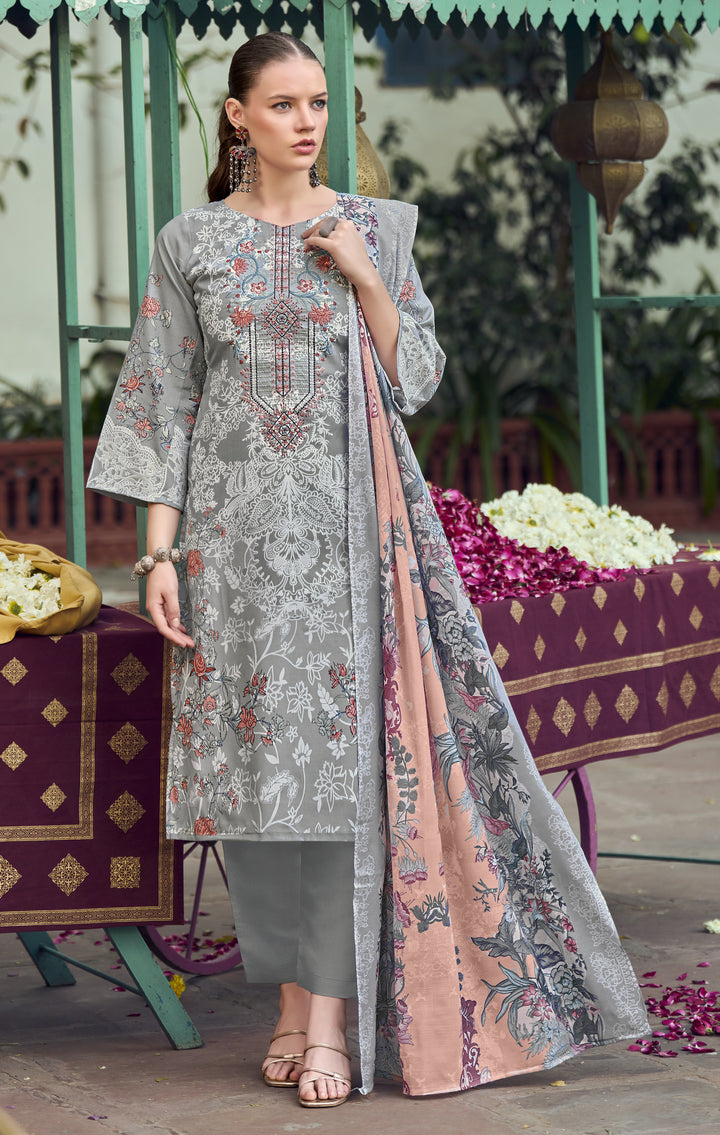 Ladyline 3-Piece Cotton Salwar Kameez Set for Women - Embroidered Kurta, Pants & Printed Dupatta set for Casual Daily Evening wear - Indian Pakistani Suit