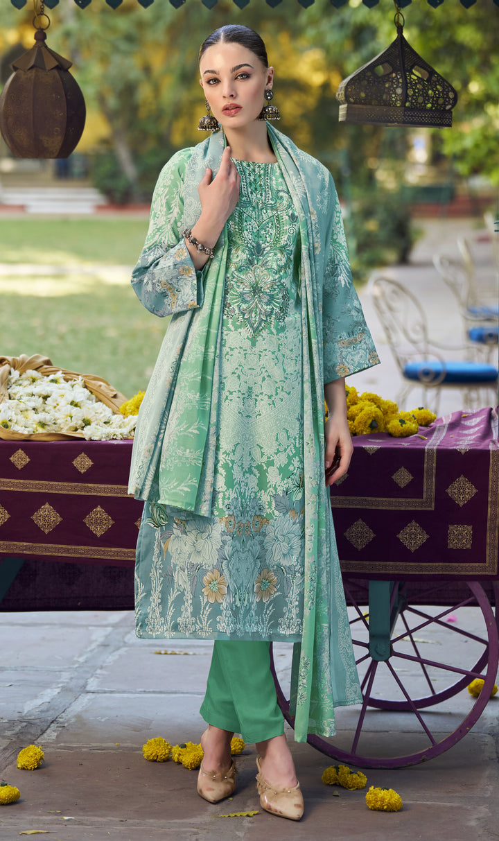 Ladyline 3-Piece Cotton Salwar Kameez Set for Women - Embroidered Kurta, Pants & Printed Dupatta set for Casual Daily Evening wear - Indian Pakistani Suit