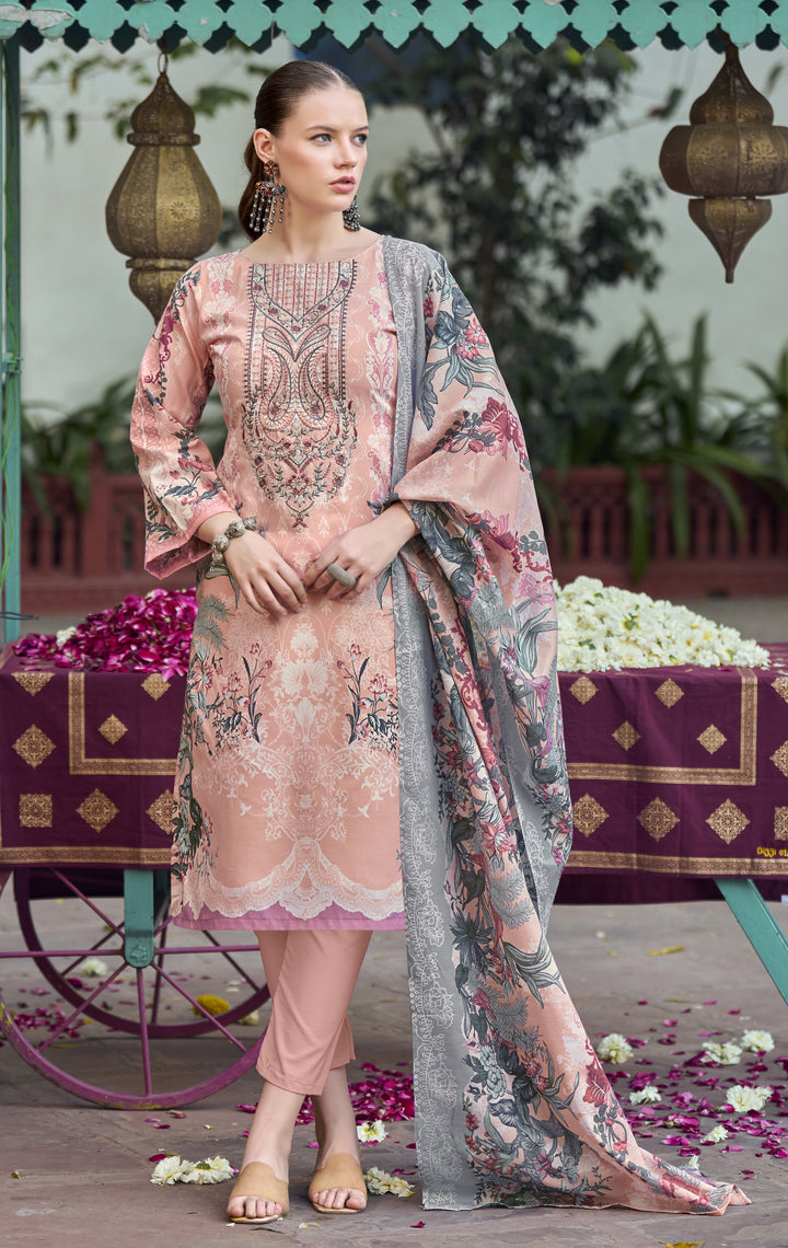 Ladyline 3-Piece Cotton Salwar Kameez Set for Women - Embroidered Kurta, Pants & Printed Dupatta set for Casual Daily Evening wear - Indian Pakistani Suit