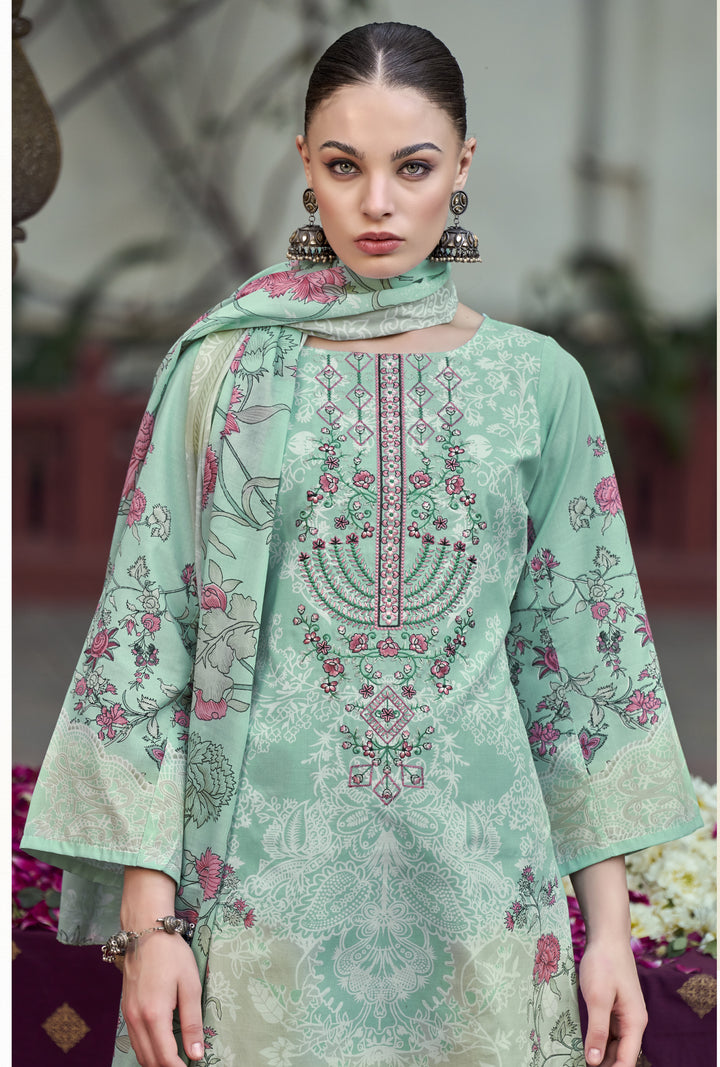 Ladyline 3-Piece Cotton Salwar Kameez Set for Women - Embroidered Kurta, Pants & Printed Dupatta set for Casual Daily Evening wear - Indian Pakistani Suit