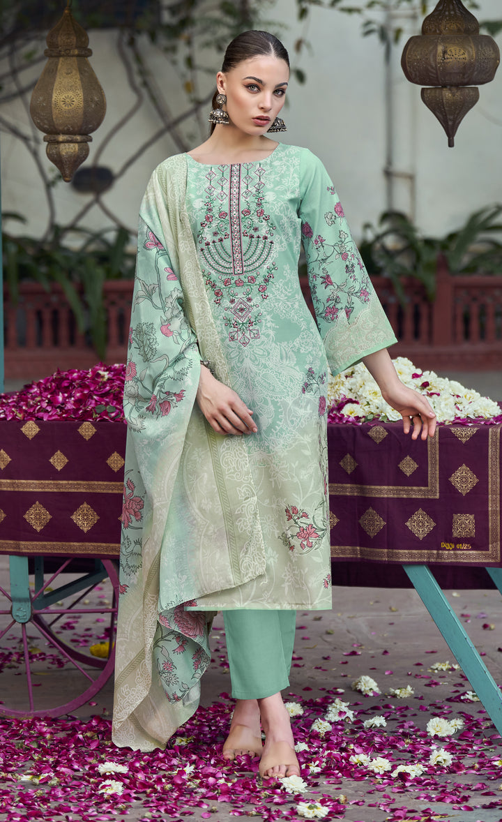 Ladyline 3-Piece Cotton Salwar Kameez Set for Women - Embroidered Kurta, Pants & Printed Dupatta set for Casual Daily Evening wear - Indian Pakistani Suit