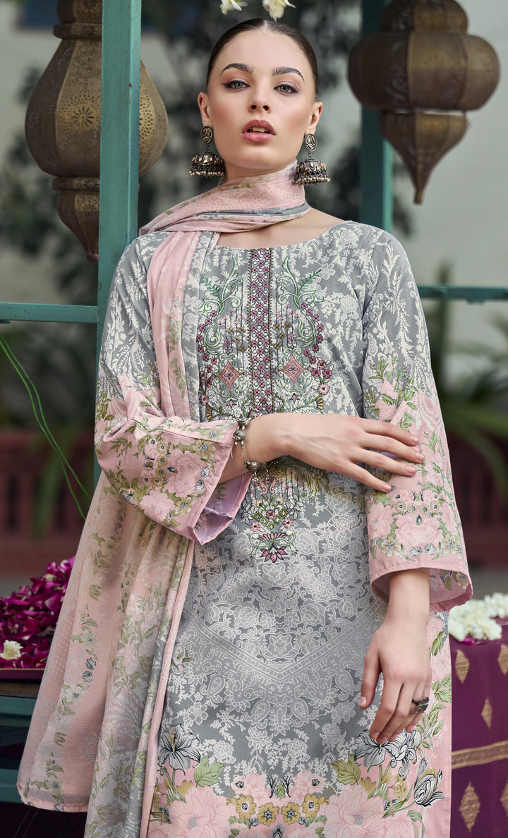 Ladyline 3-Piece Cotton Salwar Kameez Set for Women - Embroidered Kurta, Pants & Printed Dupatta set for Casual Daily Evening wear - Indian Pakistani Suit
