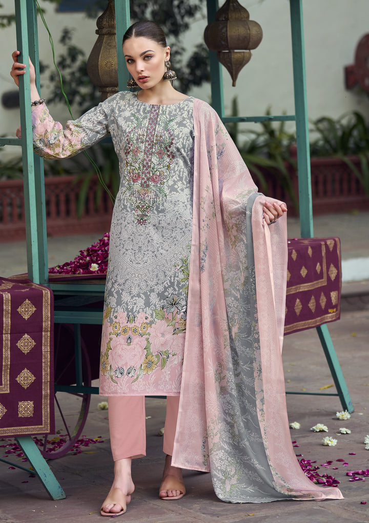 Ladyline 3-Piece Cotton Salwar Kameez Set for Women - Embroidered Kurta, Pants & Printed Dupatta set for Casual Daily Evening wear - Indian Pakistani Suit