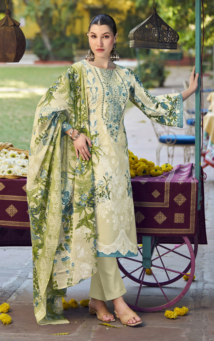Ladyline 3-Piece Cotton Salwar Kameez Set for Women - Embroidered Kurta, Pants & Printed Dupatta set for Casual Daily Evening wear - Indian Pakistani Suit